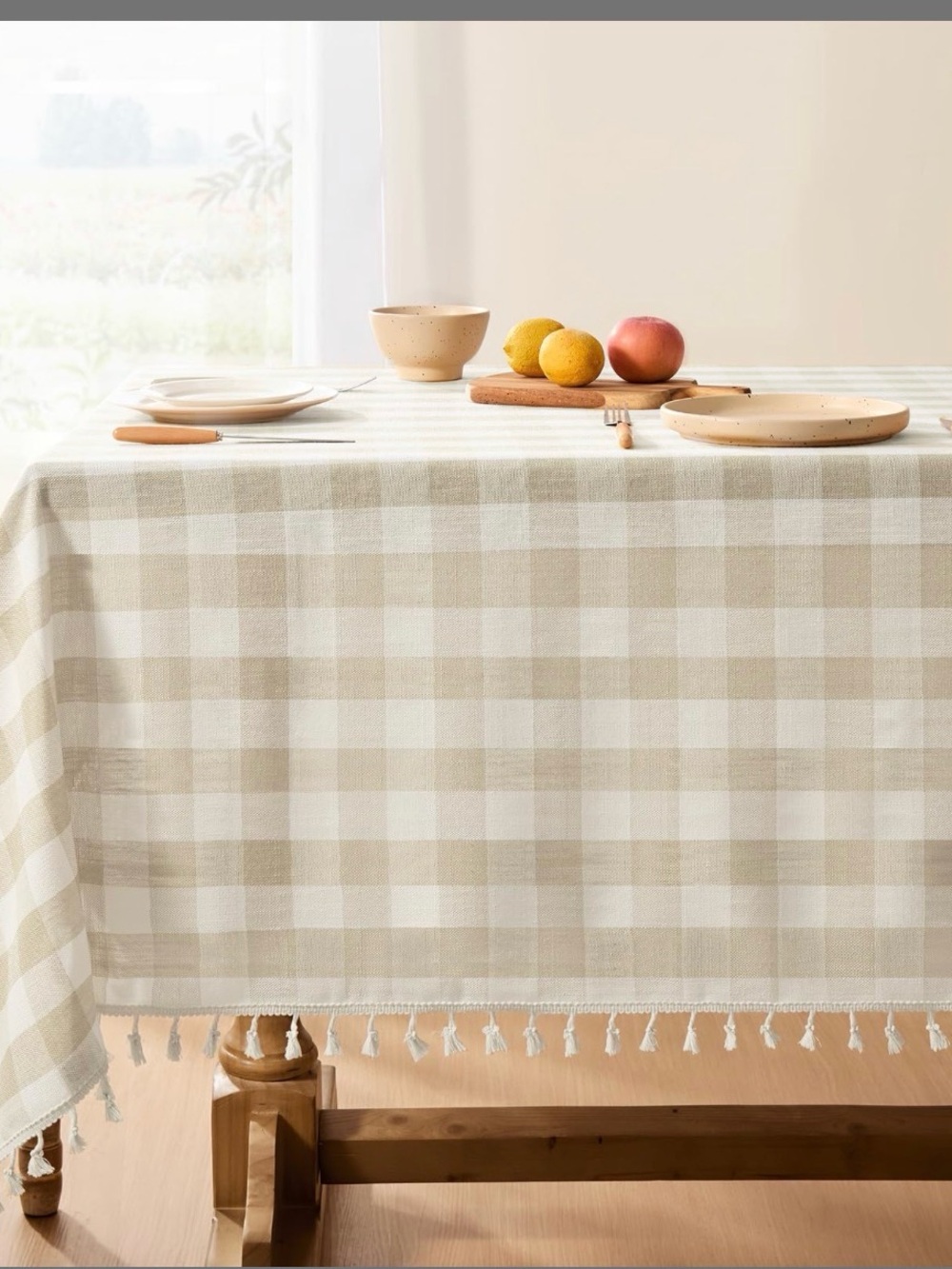 Beige Check Cotton Tablecloth with Tassel Trim - Neutral Dining